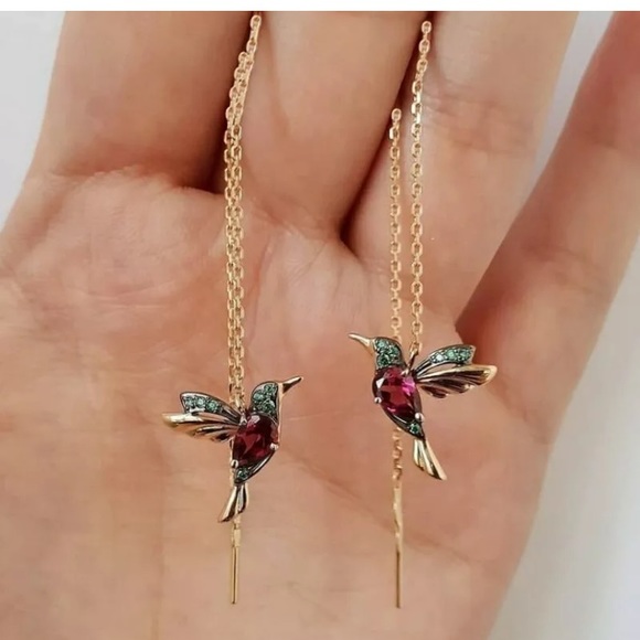 Hummingbird Drop Dangle Chain Gold Earrings - Picture 1 of 5